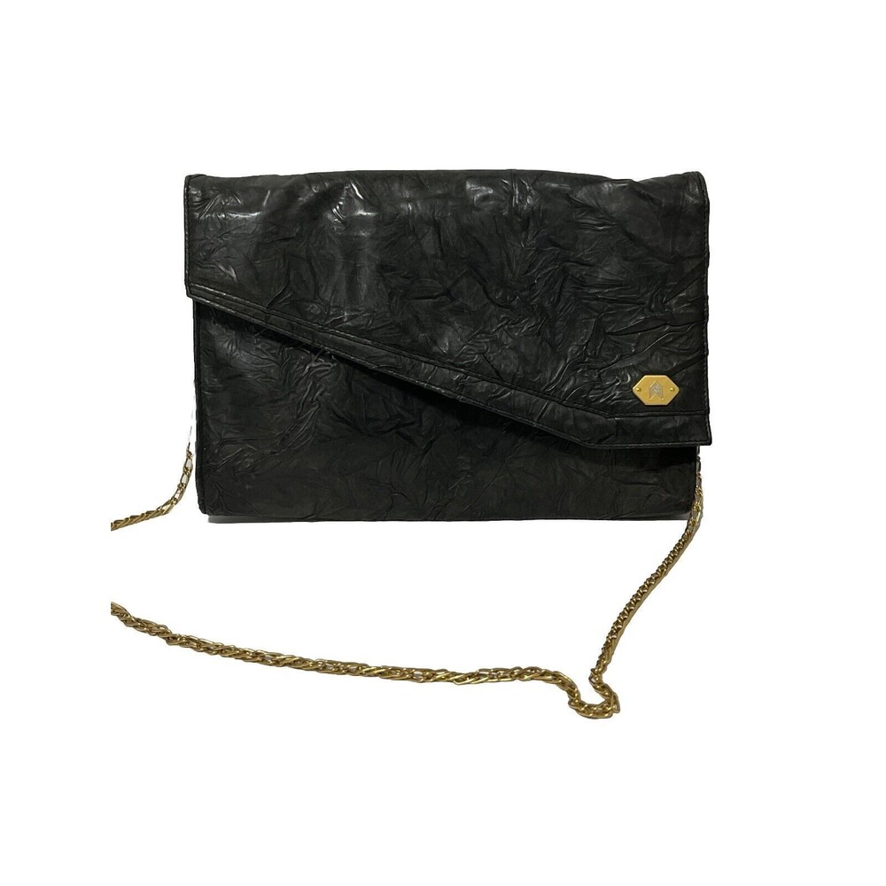 GIANFRANCO LOTTI Black Italian Textured Leather Evening Shoulder Bag Purse Chain